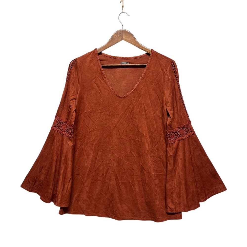 Hannah Boho Tunic Top Sz S Long Bell Sleeves Brown Suede Peasant Shirt Hippie
